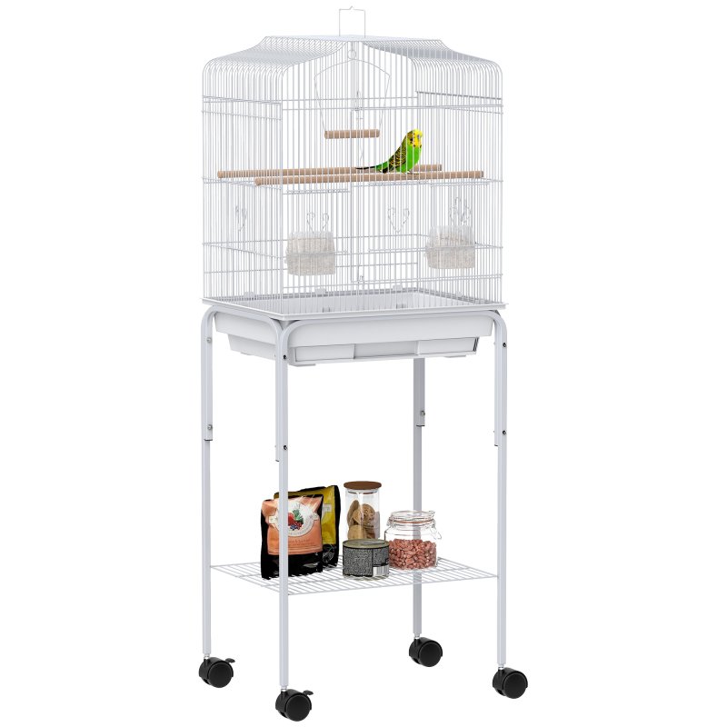 PawHut Bird Cage Budgie Cages for Finch Canary Parakeet with Stand Wheels Slide-out Tray Accessories Storage Shelf, White 46.5 x 36 x 124 cm