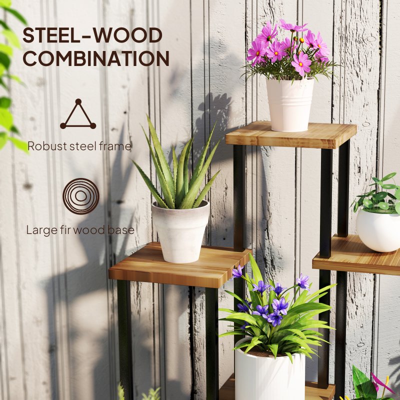 Outsunny 5 Tier Plant Stand Indoor Outdoor, Tiered Corner Steel Wood Plant Shelf for Multiple Plants, Tall Flower Stand Display Rack for Garden Patio Balcony Living Room, Carbonised Finish