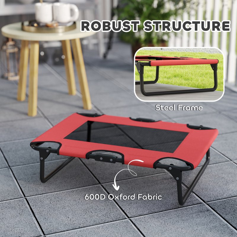 PawHut Raised Dog Bed, Portable Elevated Pet Cot with Breathable Mesh for Indoor Outdoor, for Small Medium Dogs, 75 x 51 x 18 cm, Red