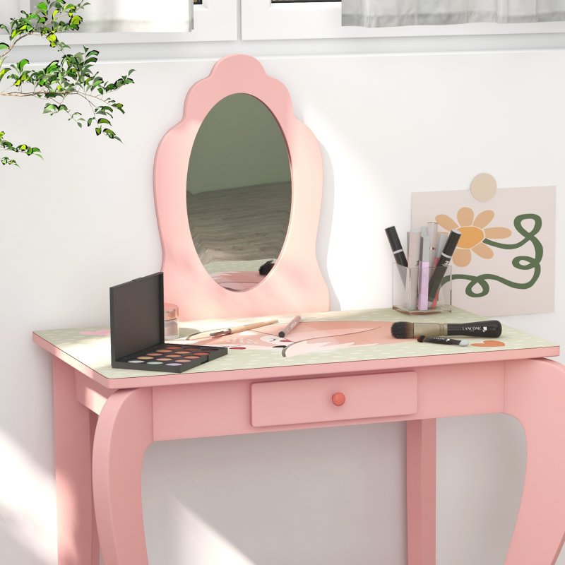 ZONEKIZ Kids Dressing Table, Girls Vanity Table Cute Animal Design with Mirror, Stool, Desk, Drawer for Kids Room, Bedroom, Nursery, 3-6 Years Old, Pink