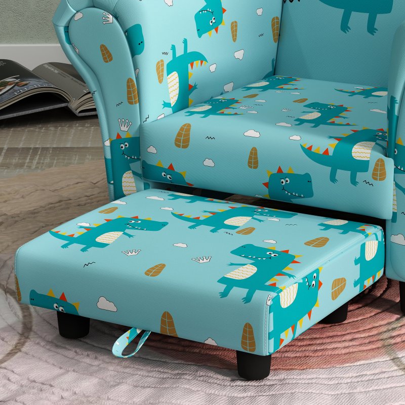 AIYAPLAY Kids Armchair with Stool, 2 Piece Kids Sofa Set with Dinosaur Design, Wooden Frame, Upholstered Kids Chair for Bedroom, Playroom, Kid Room, for 1.5-3 Years Old, Blue