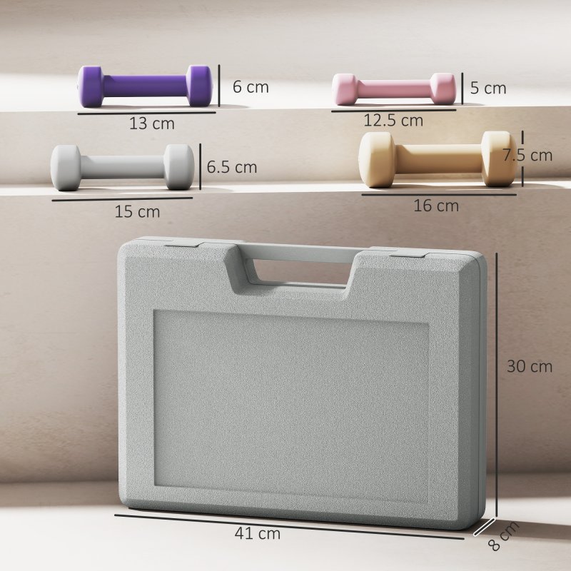 HOMCOM 10KG Dumbbells Set with Carry Case, Hand Weights for Women and Men Home Gym Weight Lifting Training, Pink, Purple, Grey, Brown