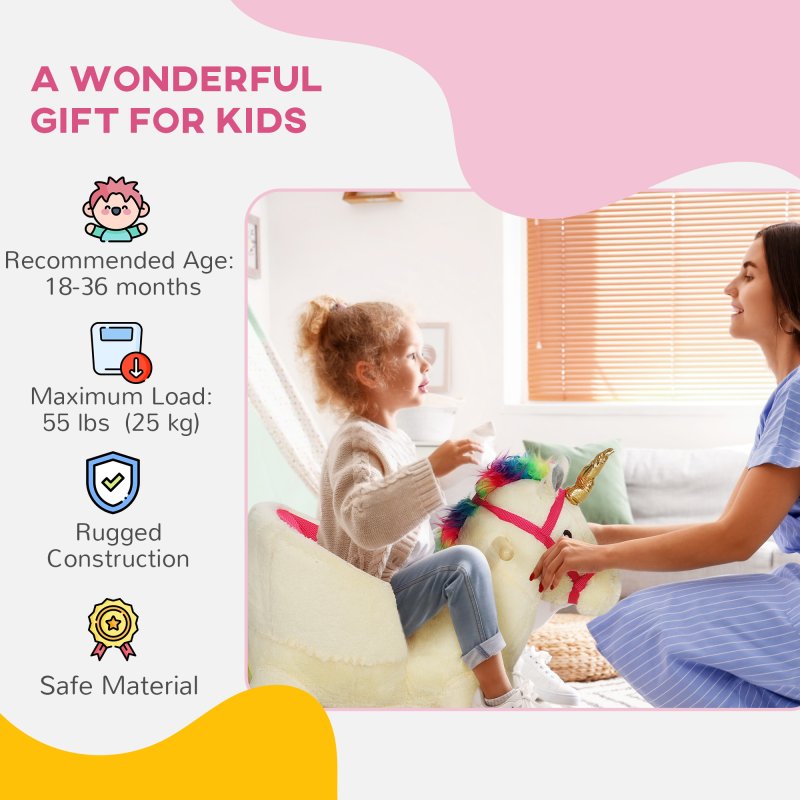 AIYAPLAY Rocking Horse, Unicorn Rocking Horse with Realistic Sounds, Safety Belt, Wooden Base, Plush Ride on Unicorn, for Ages 18-36 Months, Cream White