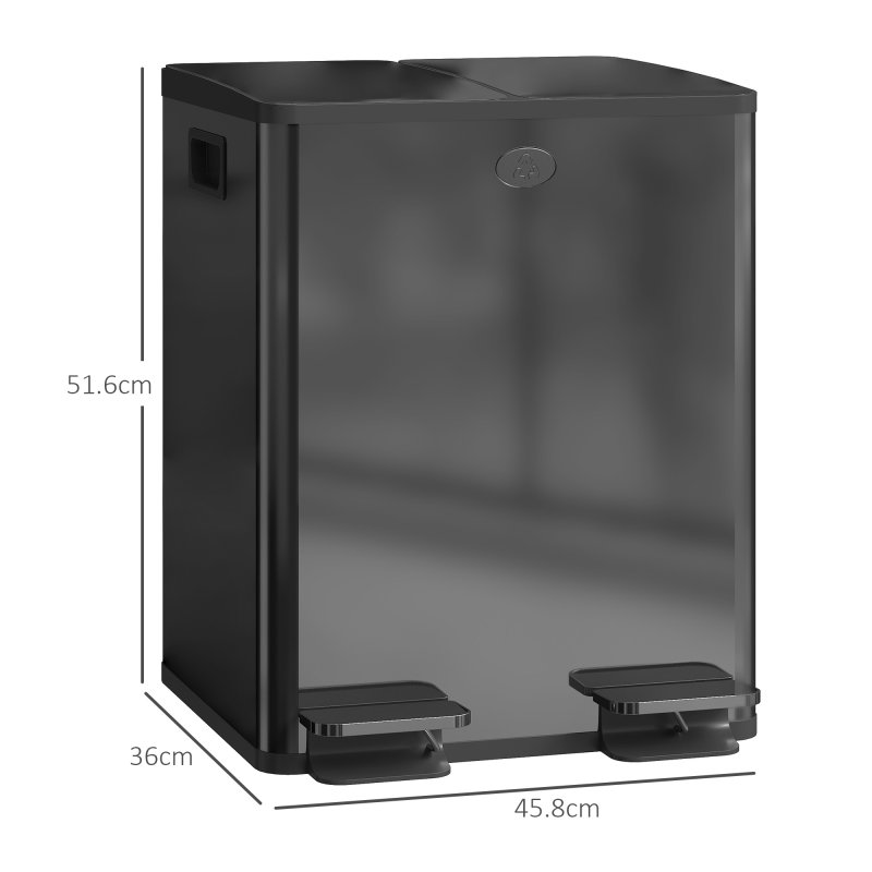 HOMCOM Dual Kitchen Bin, 2 x 20L Stainless Steel Double Rubbish Bin with Soft Close Lid, Removable Inner Buckets, Fingerprint-Proof for Recycling and Waste