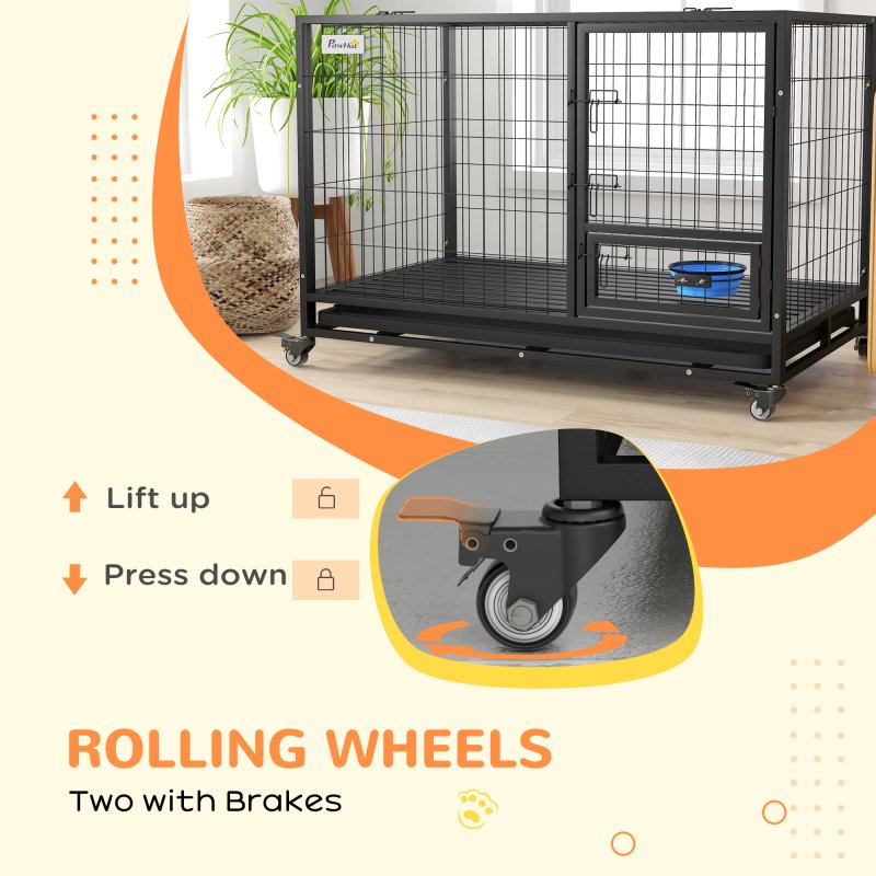 PawHut 48" Heavy Duty Dog Crate with Bowl Holder, Dog Cage on Wheels with Removable Tray, Openable Top, Detachable Door, Indoor Outdoor Use, for Large and Extra Large Dogs - Black