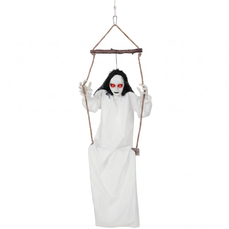 HOMCOM 170cm Animated Hanging Swing Ghost Halloween Decorations Outdoor Indoor, Sound Touch Activated Ghost Halloween Animatronic with Glowing Red Eyes for Haunted House Party Decorations