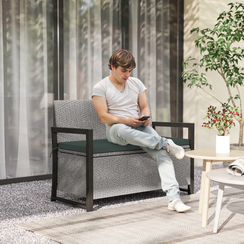 Outsunny Garden Storage Bench with 151.5L Capacity, Inner Bag, 2 Seater PE Rattan Outdoor Garden Bench with Storage, Cushion, Wicker Outdoor Bench Loveseat for Patio, Grey