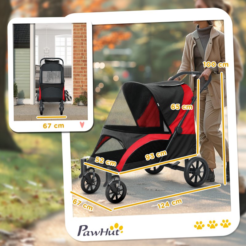 PawHut Dog Stroller, Easy Folding Pet Stroller for Large Dogs, Puppy Pram Pet Pushchair with 4 Big Wheels, Shock-Absorbing Frame, Safety Leashes, Brakes, Red/Black