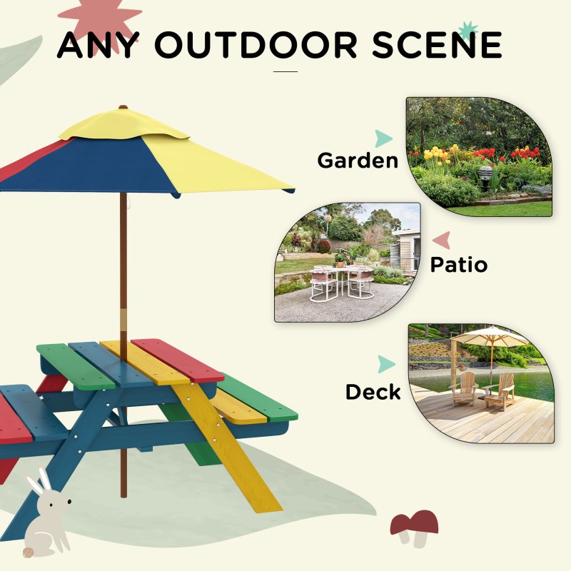 Outsunny Kids Picnic Table Wooden Garden Furniture Bench with Removable Umbrella Outdoor, for Ages 3-6 Years - Multicoloured
