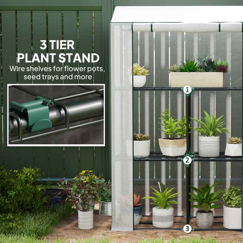 Outsunny 3 Tier Mini Greenhouse with Reinforced PE Cover, Portable Small Greenhouse with Roll-Up Door, 100 x 40 x 150cm, White