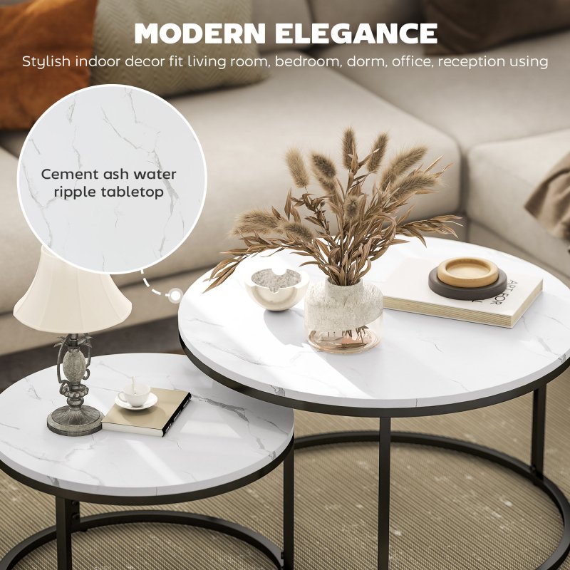HOMCOM Round Nesting Coffee Table Set of 2, Large Stacking End Side Table with Steel Frame for Living Room, Bedroom, Home Office, 78.5 x 78.5 x 46.5 cm, Marble White