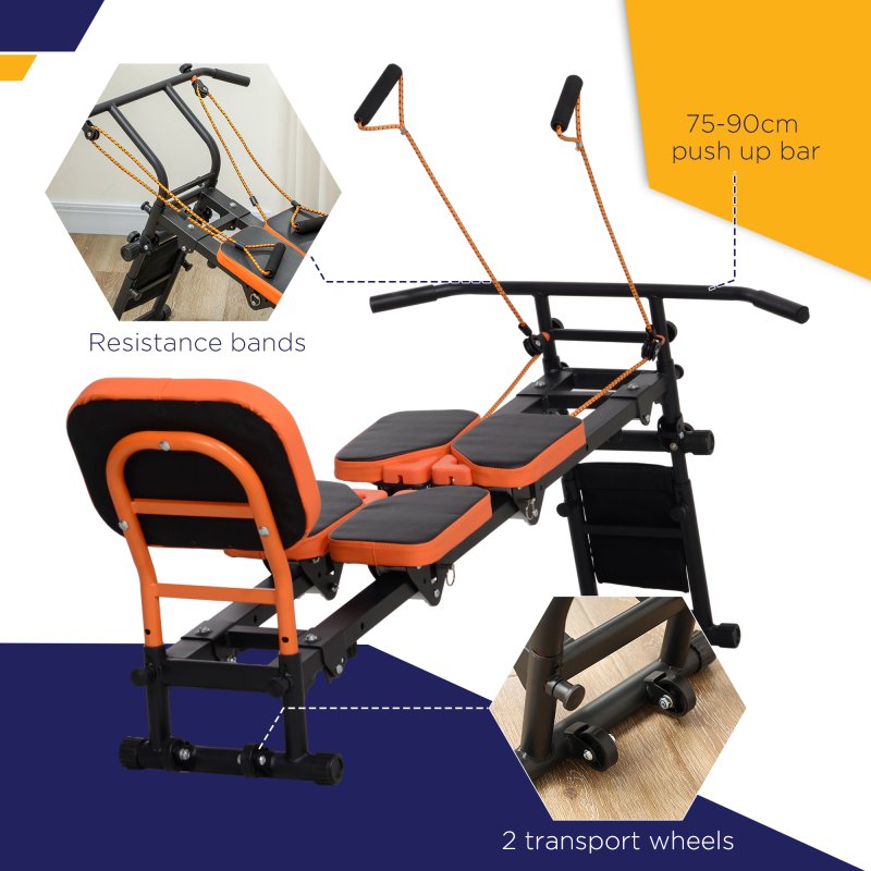 SPORTNOW Multifunctional Home Gym Equipment, Flat or Incline Reformer Pilates Machine, Ab Machine, Rower, with Adjustable Push Up Bar