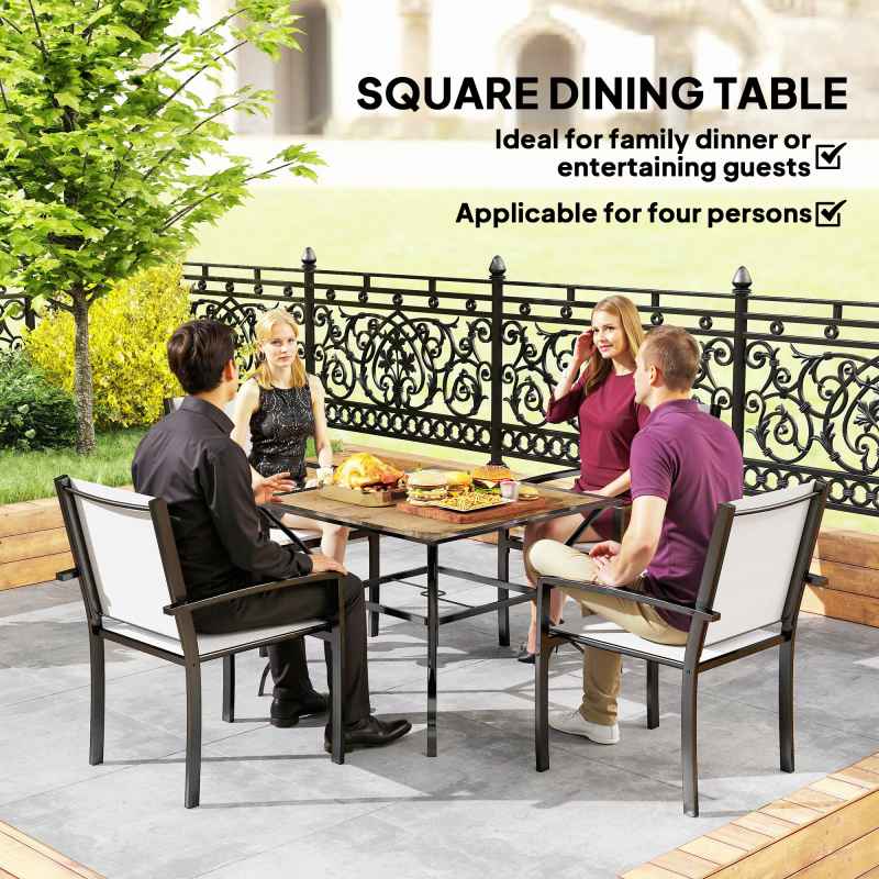 Outsunny 94 x 94 cm Garden Table with Parasol Hole, Outdoor Dining Table for 4, Square Patio Table with Stone-Grain Effect PC Board Top for Patio, Garden, Brown