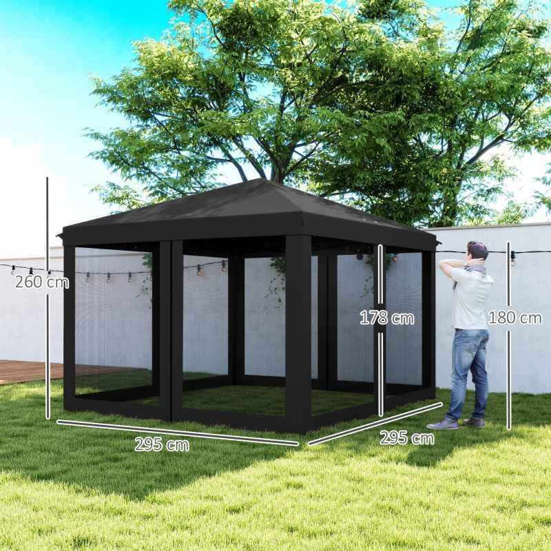 Outsunny 3 x 3 m Pop Up Gazebo, 420D Garden Tent Canopy with Removable Mesh Sidewall Netting, Carry Bag for Garden Patio Outdoor, Black