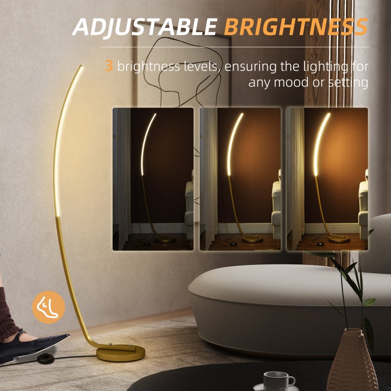 HOMCOM LED Floor Lamp with 3 Adjustable Brightness, Modern Dimmable Standing Lamp with Foot Switch for Bedroom, Living Room, Gold Tone