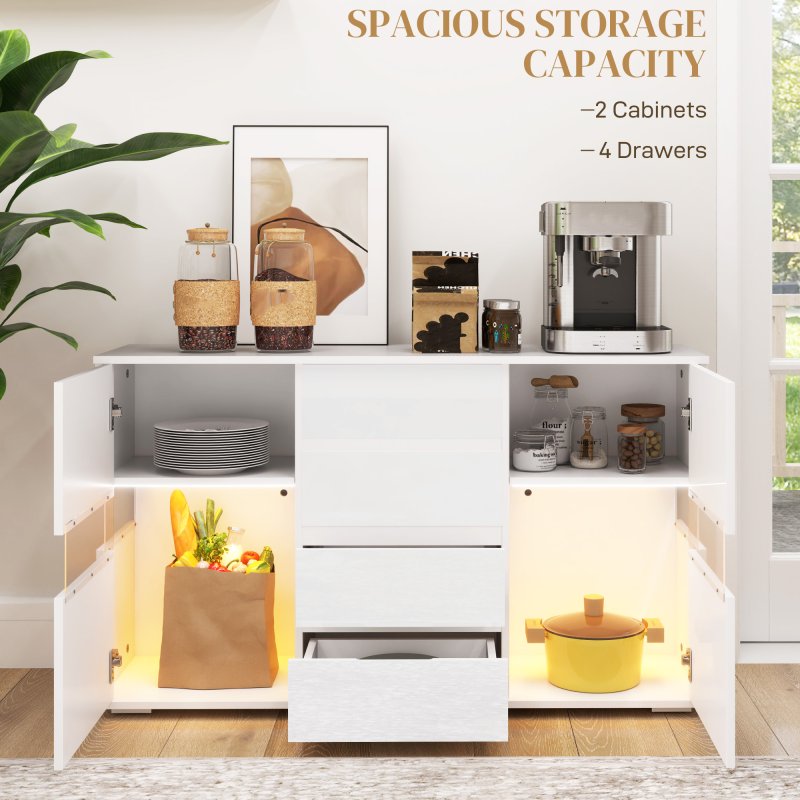 HOMCOM LED Sideboard for Living Room, High Gloss 2-Door Storage Cabinet with 4 Drawers and Remote Control, White