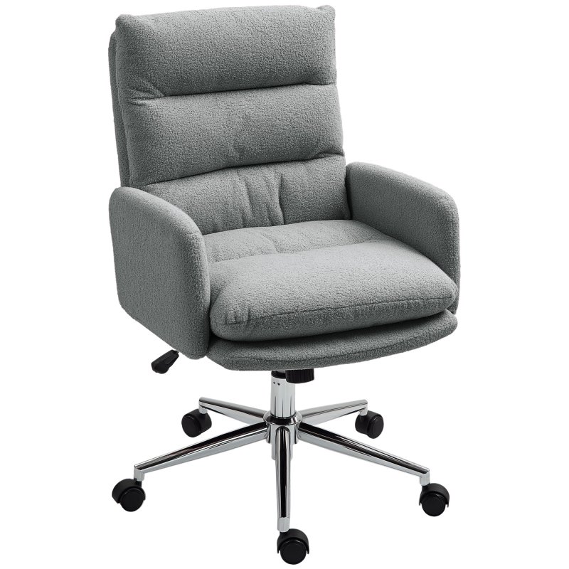 HOMCOM Home Office Chair, Upholstered Sherpa Fleece Desk Chair with Height Adjustable, Tilt Function and 360° Swivel Wheels for Home Office and Study Room, Grey