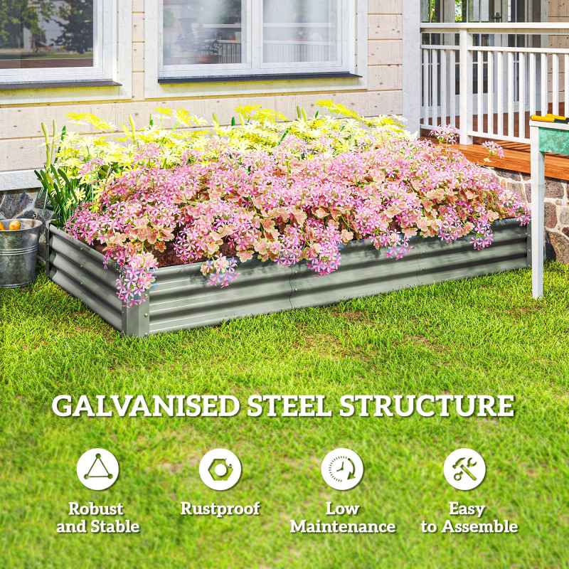 Outsunny Galvanised Raised Garden Bed, 240 x 120 x 30cm Raised Bed with Reinforcing Bars, Outdoor Raised Planter with Open Bottom for Vegetables, Flowers, Herbs, Silver