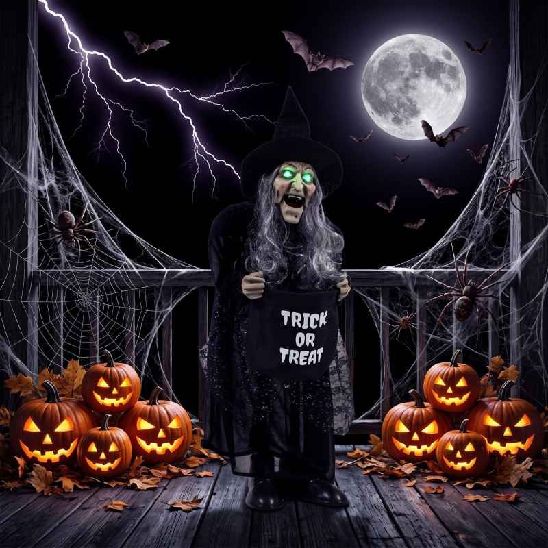 HOMCOM 94cm Animated Witch Halloween Decorations Outdoor Indoor, Scary Halloween Animatronics Decor with Sound Touch Activated, Candy Bag Prop with Light Up Eyes for House Garden Party