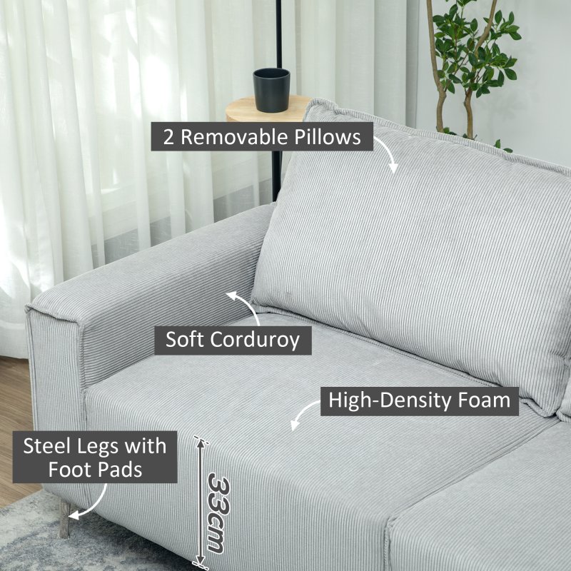 HOMCOM Modern 3 Seater Sofa with Spring Cushion, 193cm Fabric Sofa Couch with Back Pillows, Upholstered Corduroy Settee for Living Room, Bedroom, Home Office, Light Grey
