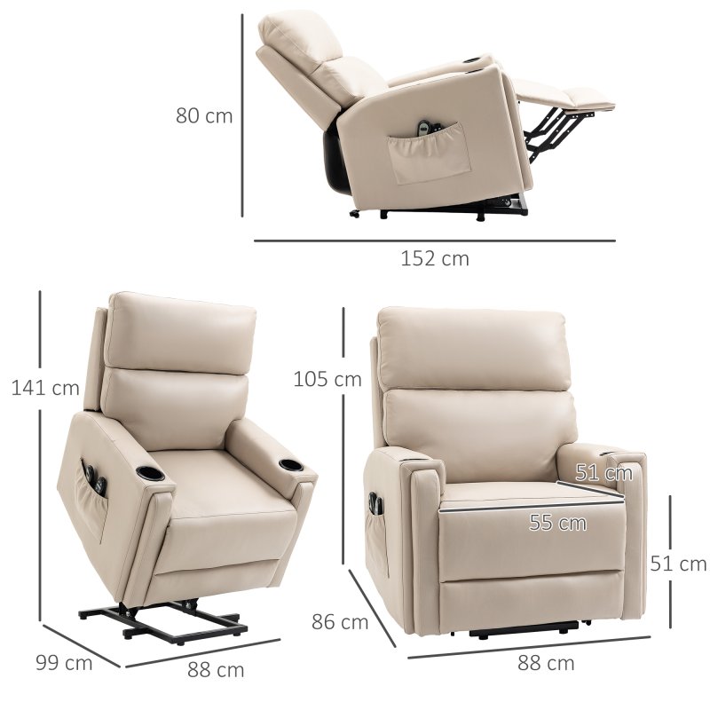 HOMCOM Riser and Recliner Chair for the Elderly, Electric Microfibre Upholstered Lift Chair with Vibration Massage and Heat, Quick Assembly, Remote Control, Cup Holders, Side Pockets, Beige