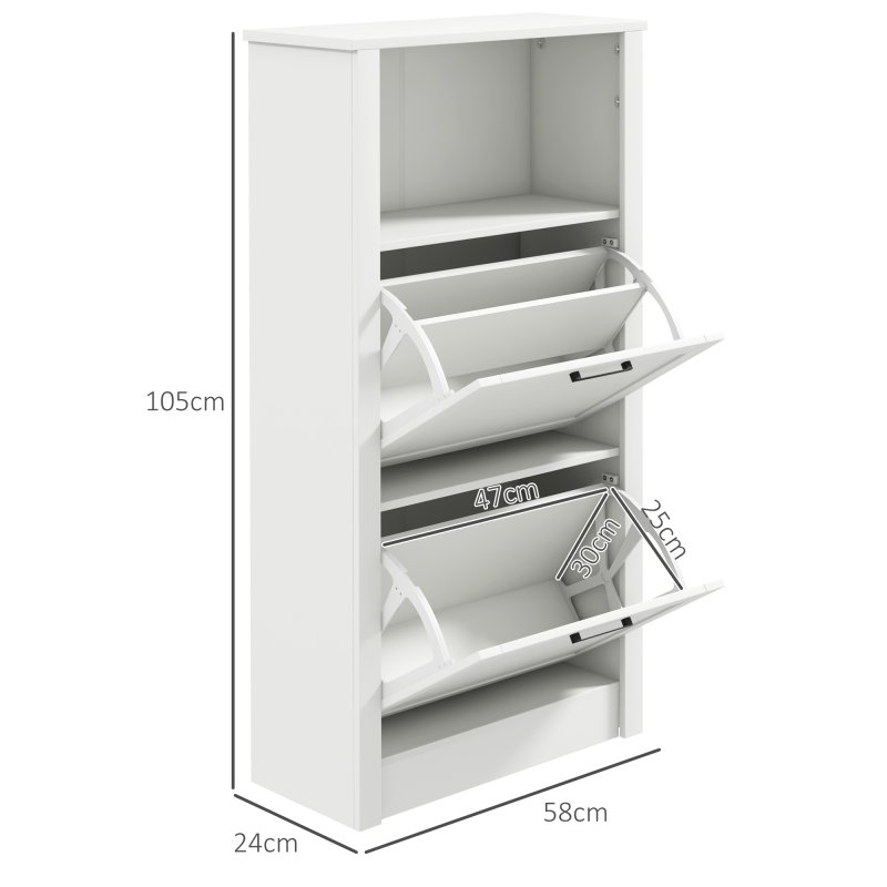 HOMCOM Modern Shoe Cabinet with 2 Flip Drawers and Adjustable Shelves, Narrow Shoe Storage Cabinet with Open Compartment, Holds 10 Pairs for Entryway, Hallway, White