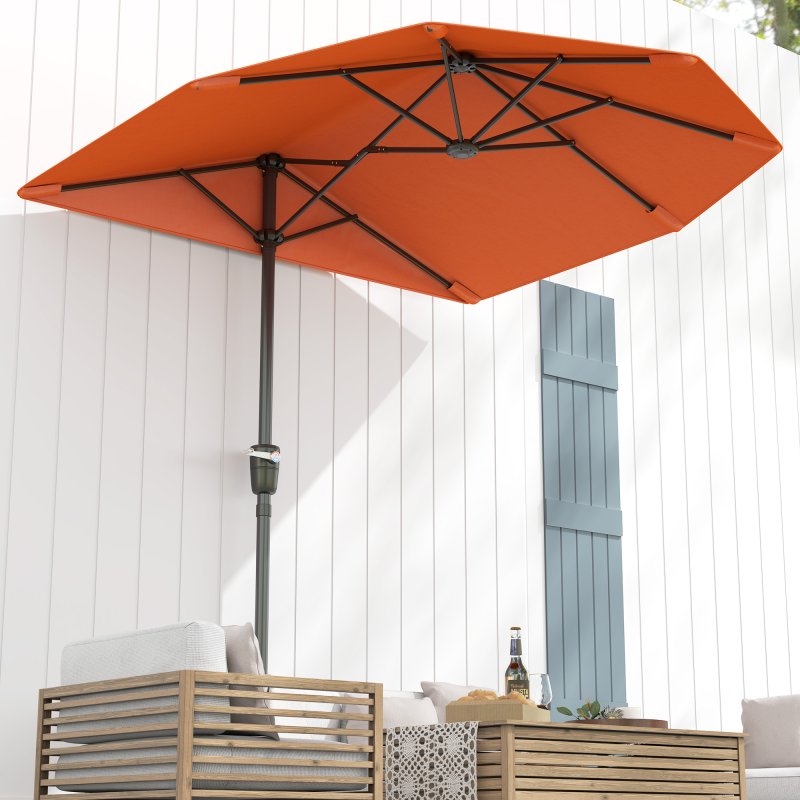 Outsunny 2m Half Parasol Market Umbrella Garden Balcony Parasol with Crank Handle, Cross Base, Double-Sided Canopy, Orange