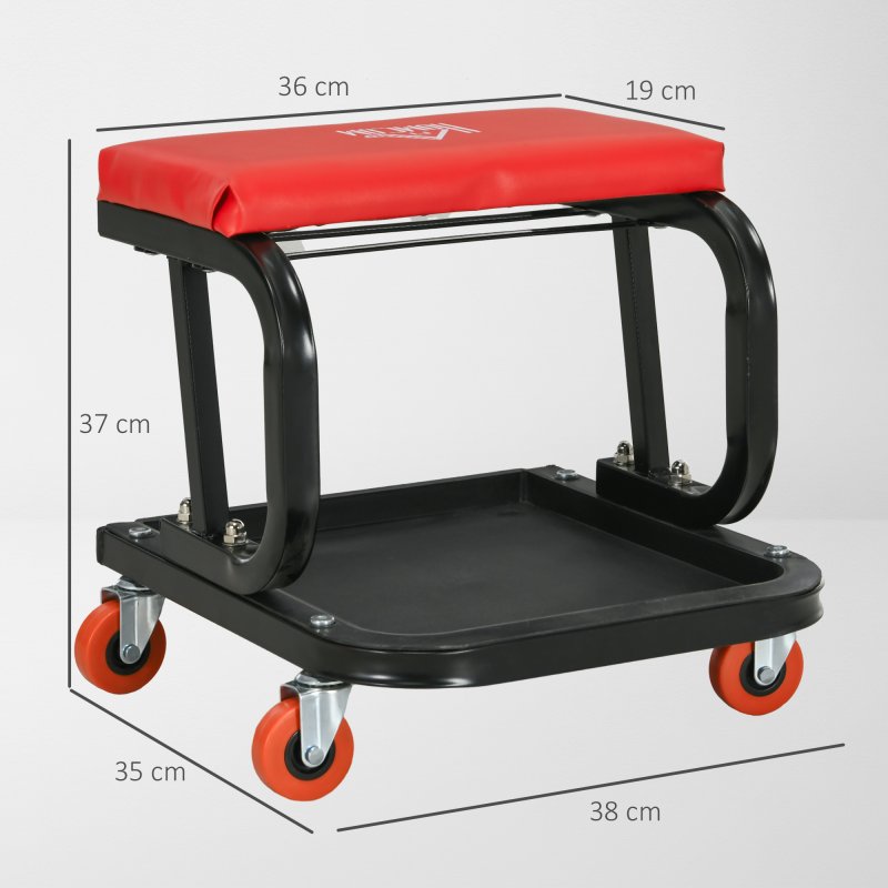 HOMCOM Workshop Stool, Rolling Machine Stool with 360?? Swivel, Padded Seat, Tool Tray, for Garage, Workshop, Auto Repair, Red