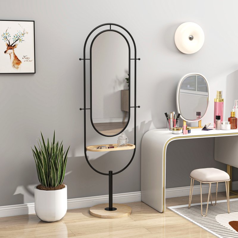HOMCOM Full Length Mirror, Oval Free Standing Mirror with Wooden Tray, 4 Hooks and Metal Frame for Living Room, Bedroom, Cloakroom, Black