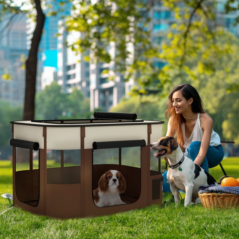 PawHut Dog Pen, Pet Playpen, Portable Foldable Dog Cat Playpen Soft Pet Cage with Storage Bag for Puppies, Rabbits, Kittens, Guinea Pigs, 94 x 74 x 60cm - Brown
