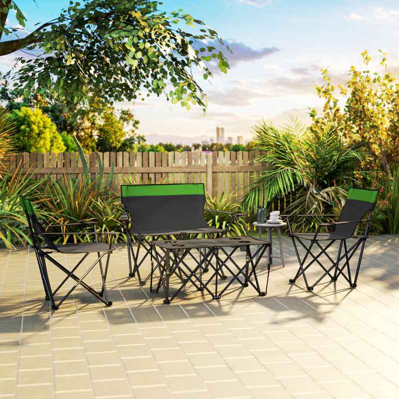 Outsunny 4 Piece Foldable Camping Table and Chairs Set, Portable Picnic Table with 3 Chairs, Cup Holders and Carrying Bag, Outdoor Lightweight Table Set for BBQ, Picnic, Parties, Olive Green