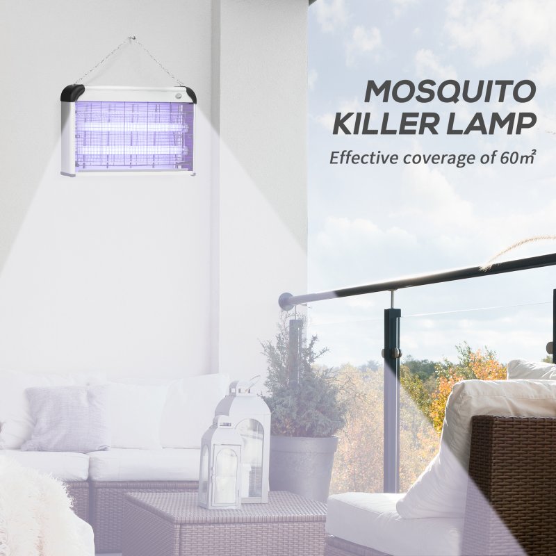Outsunny 30W Electric Fly Zapper, Bug Zapper with UK Plug, 2 UV Bulbs, Hanging Chain, On/Off Switch and Removable Catch Tray, 60?O Coverage Insect Mosquito Killer for Indoor and Outdoor Use, Silver