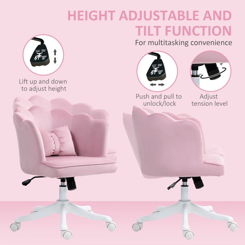 HOMCOM Velvet Office Chair with Petal Shell Back and Lumbar Pillow, Armless Desk Chair with Wide Seat and Tilt Function, Height Adjustable Swivel Makeup Vanity Chair for Bedroom, Pink