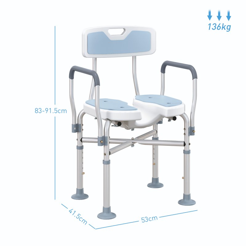 HOMCOM Shower Chair with Upgraded U-shaped Seat and Reinforced Crossbars, Height Adjustable Padded Bath Chair with Non-slip Feet for Elderly Seniors Disabled Handicap, Tool-Free Assembly