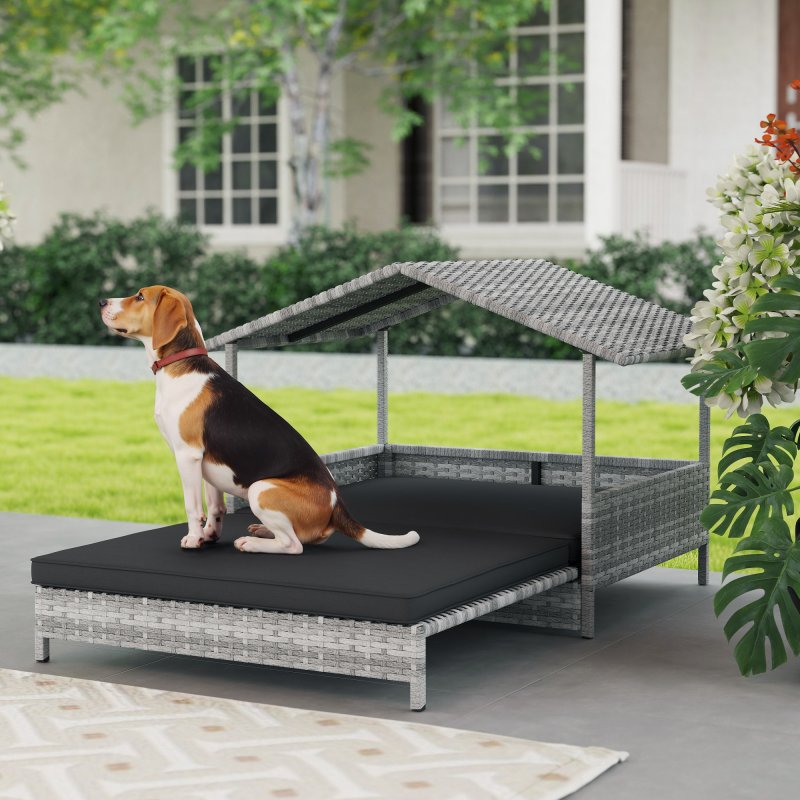PawHut Rattan Dog House, Extendable Outdoor Wicker Dog Bed w/ Water-Resistant Roof, Removable Cushion, for Small and Medium Dogs - Charcoal Grey