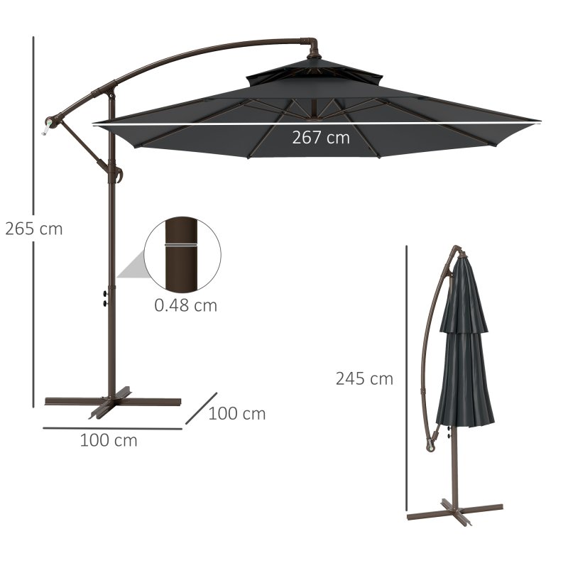 Outsunny 2.7m Garden Banana Parasol Cantilever Umbrella with Crank Handle, Double Tier Canopy and Cross Base for Outdoor, Hanging Sun Shade, Black
