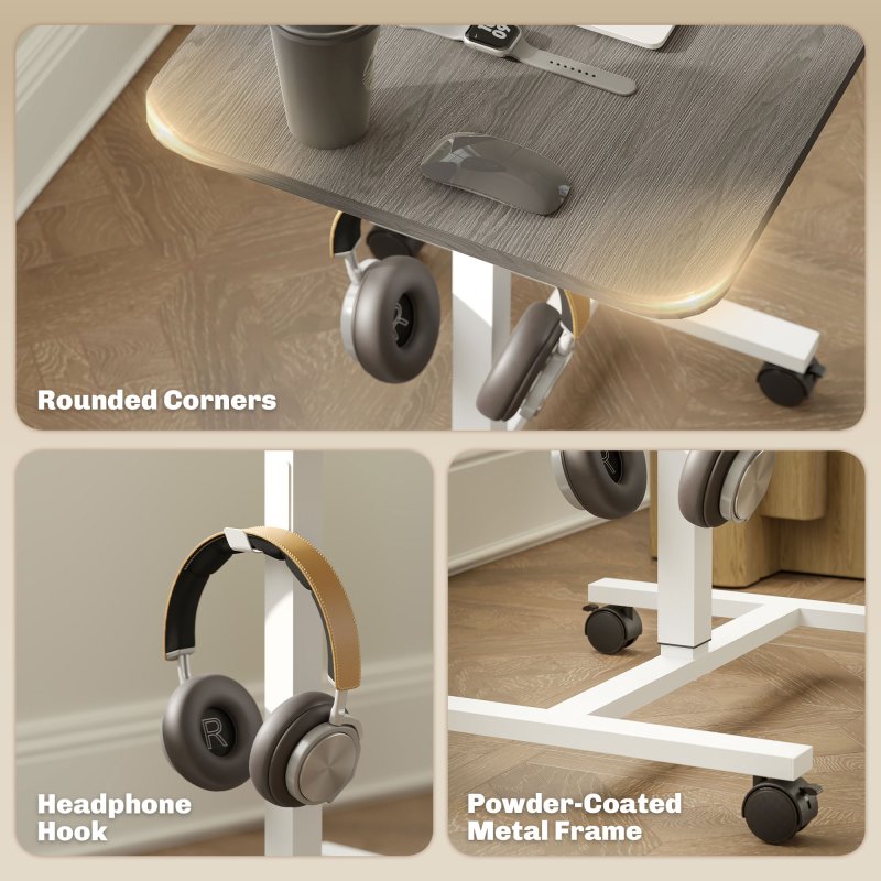 HOMCOM Height Adjustable Standing Desk, Pneumatic Sit Stand Desk for Laptop, Mobile Overbed Table with Wheels and Headphone Hook for Home Office