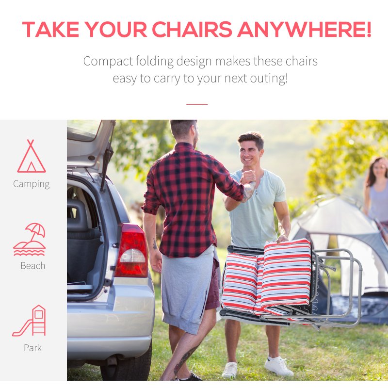 Outsunny Reclining Garden Chair Set of 2, 5-Level Adjustable Zero Gravity Chairs with Cushions, Folding Sun Lounger Garden Recliner Chairs with Armrests for Outdoor, Patio, Red Stripe