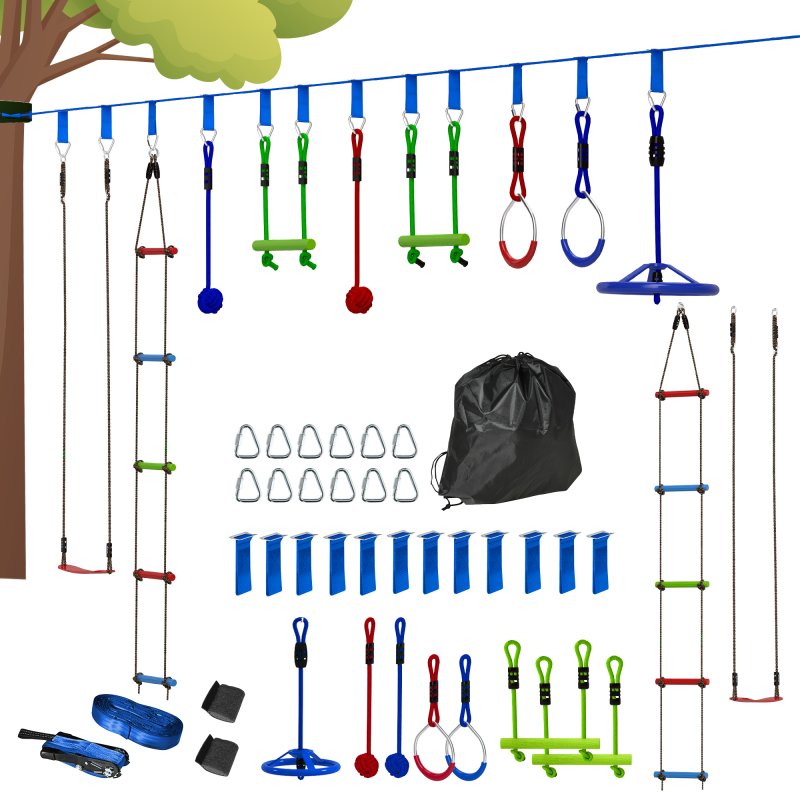 AIYAPLAY Zip Line Kit for Kids, 10-Piece Outdoor Obstacle Course for Kids, 10m Kids Slackline Kit with Monkey Bars, Swing, Climbing Ladder, Hanging Tray, Metal Rings, Gripping Balls, Multicoloured