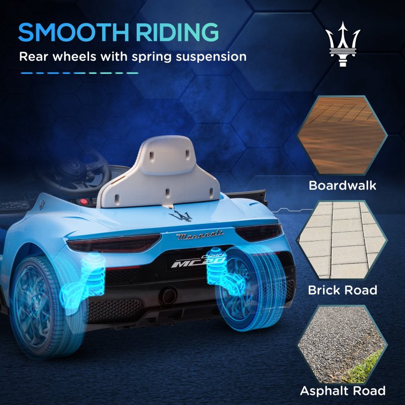 AIYAPLAY Maserati MC20 Licensed 12V Electric Car for Kids with Remote Control, Kids' Electric Ride on with Slow Start, LED Lights, Music, Horn, Spring Suspension, for 3-6 Years, Blue