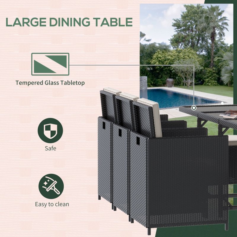 Outsunny 10 Seater Rattan Cube Garden Furniture Set with Cushions, Rattan Dining Set, Outdoor Dining Table and Chairs with 6 Armchairs, 4 Stools, Rectangular Glass Top Table, Black