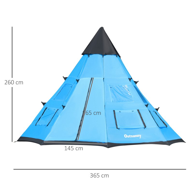 Outsunny 6 Men Tipi Tent, Camping Tent with Mesh Windows, Sewn-in Floor, Two Doors and Carry Bag, Easy Set Up, for Hiking Picnics Outdoor Night, Blue