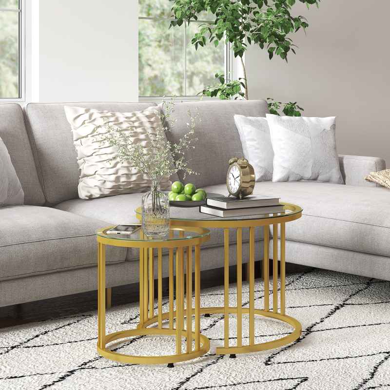 HOMCOM Nest of Tables, Round Coffee Tables Set of 2 with Tempered Glass Top and Steel Frame for Living Room, Gold Tone