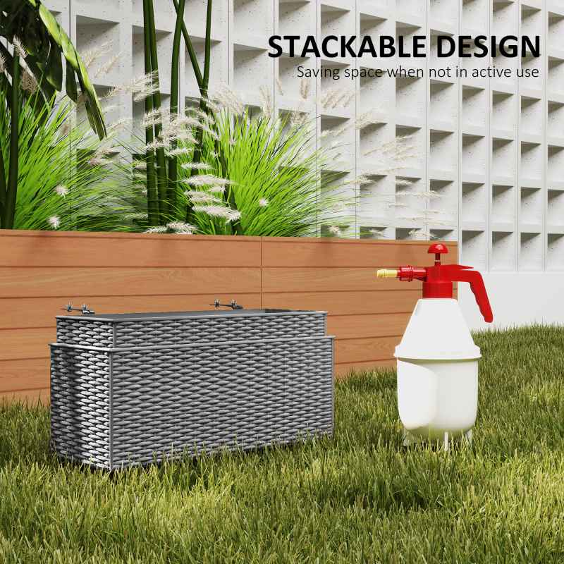Outsunny Set of 2 Hanging Flower Boxes, 50 cm Long, Rattan Look Flower Pot with Drainage Holes and Hooks, Railing Box for Fence Balcony Garden, Grey