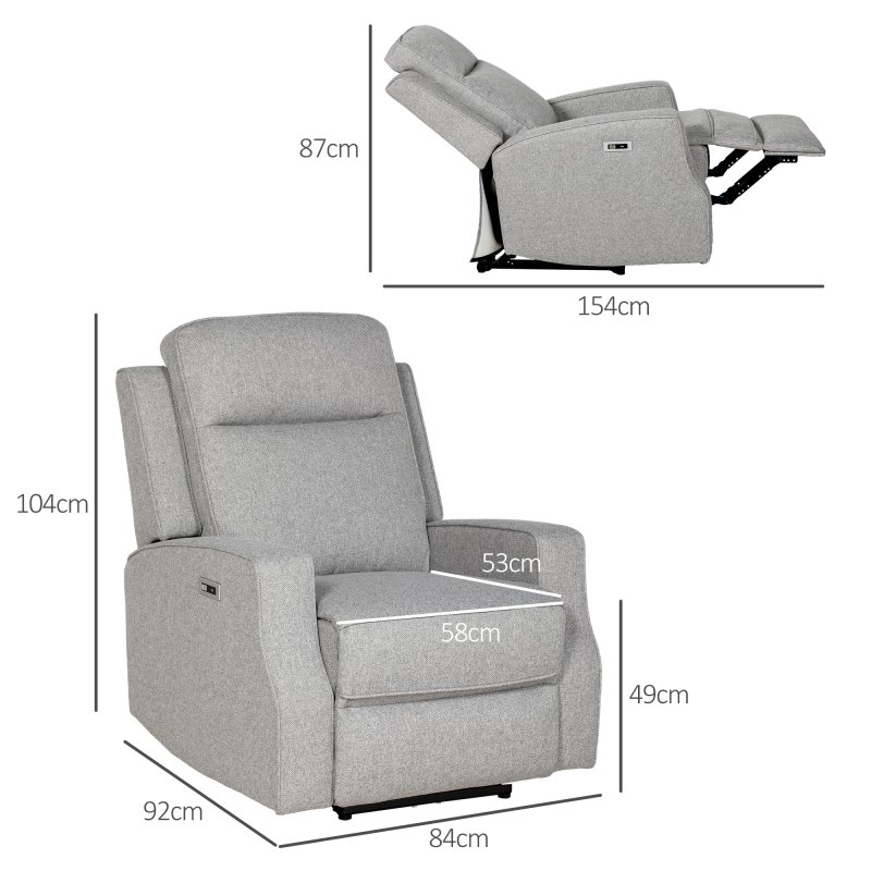 HOMCOM Electric Fabric Recliner Armchair, Reclining Chair with Adjustable Leg Rest, USB Port, for Limited Space Home Living Room, Grey