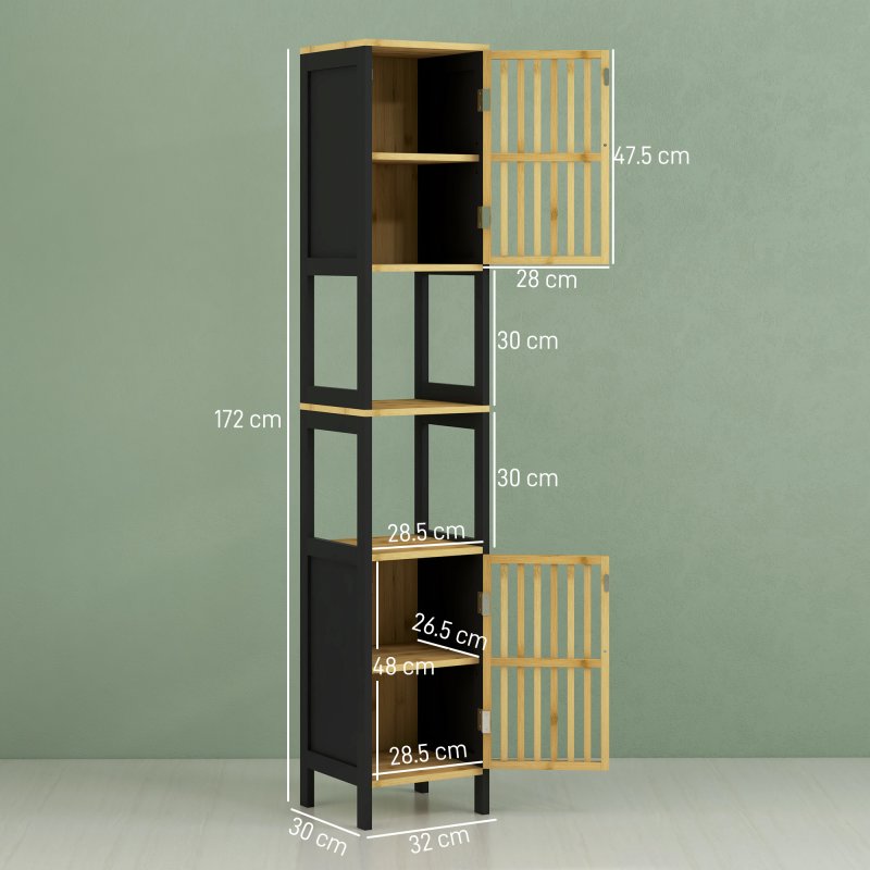 HOMCOM Tall Bathroom Storage Cabinet, Slim Bamboo Bathroom Cabinet with 2 Open Compartments, 2 Slatted Doors and Adjustable Shelves