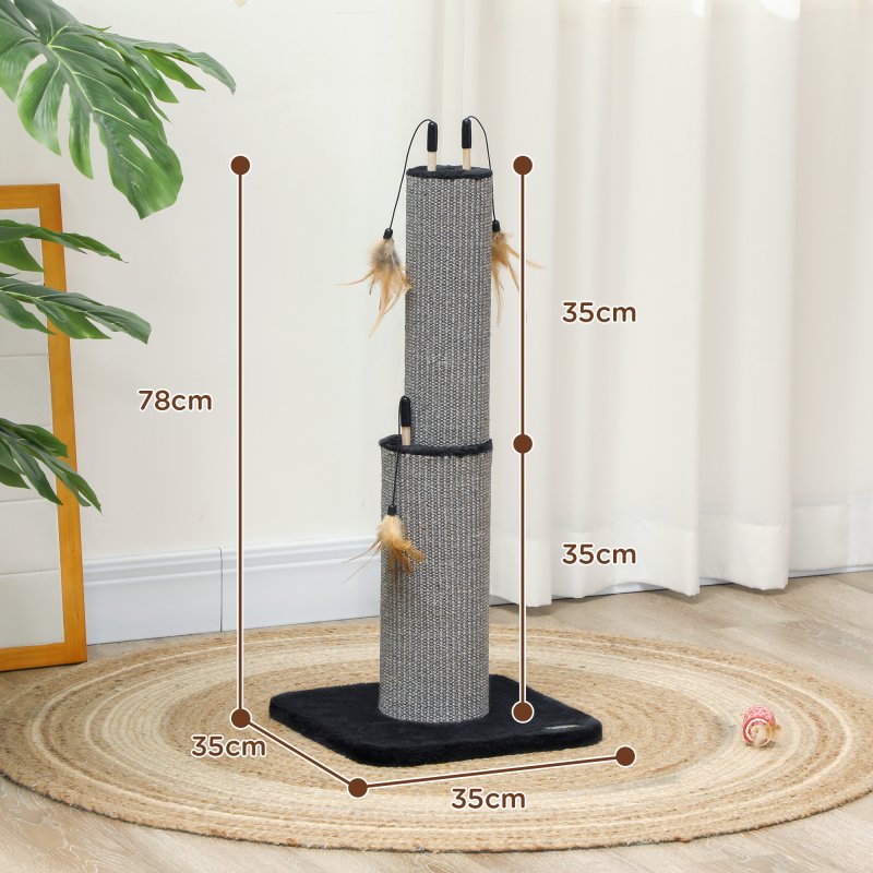 PawHut 2 in 1 Cat Scratching Post, 78cm Tall Cat Scratch Post with 3 Toy Feathers, Cat Scratcher Post for Indoor Cats and Kittens, Black