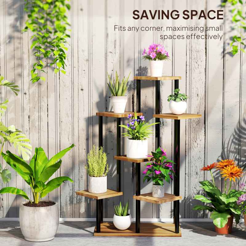 Outsunny 5 Tier Plant Stand Indoor Outdoor, Tiered Corner Steel Wood Plant Shelf for Multiple Plants, Tall Flower Stand Display Rack for Garden Patio Balcony Living Room, Carbonised Finish