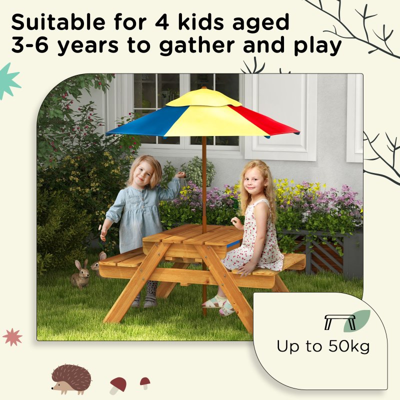 Outsunny Kids Picnic Table 3 in 1 Sand Pit Table Wooden Garden Furniture Bench Sand and Water Pit, with Removable Parasol, for Ages 3-6 Years Outdoor