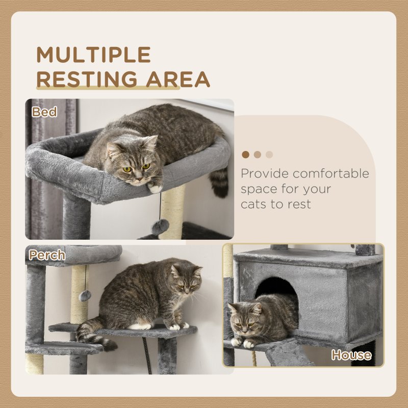 PawHut 148cm Cat Tree for Indoor Cats with Scratching Post, Cat Tower for Two Cats, with Cat House, Bed, Toy, Grey